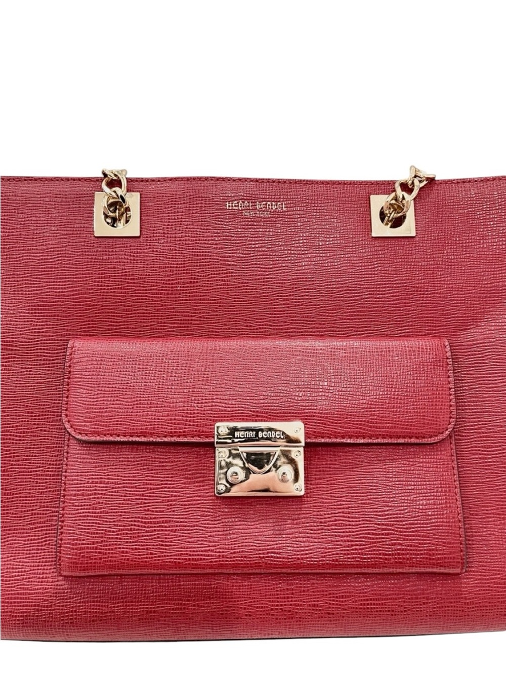 Henri Bendel Waldorf “THE WEAPON” Red Textured Leather Chain Tote Bag NWOT - Picture 3 of 15